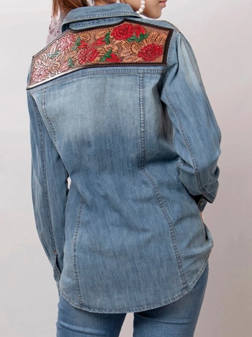 Western Denim Shirt with Hand-Tooled Red Rose Leather Yoke Large - Picture 4 of 6